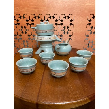 Чайный набор 'Символ долголетия', серо-голубой, керамика, Китай.